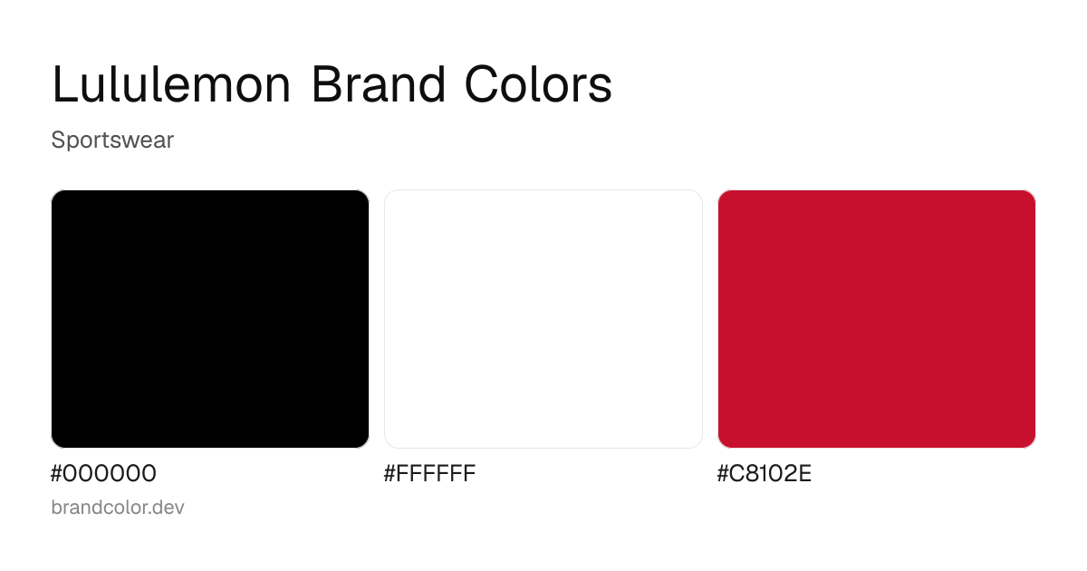 Lululemon brand color palette with hex codes: #000000, #FFFFFF, #C8102E