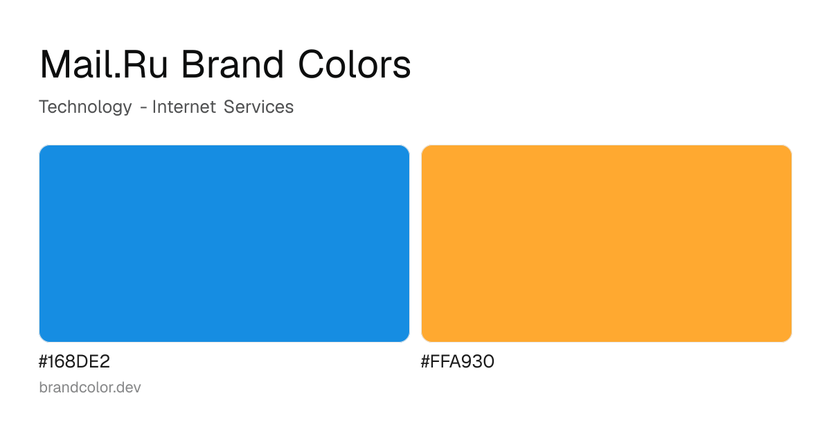 Mail.Ru brand color palette with hex codes: #168DE2, #FFA930