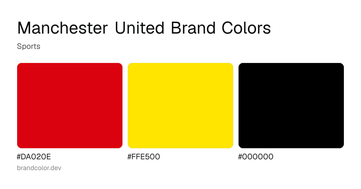 Manchester United brand color palette with hex codes: #DA020E, #FFE500, #000000