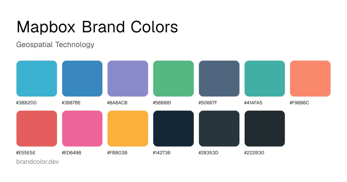 Mapbox brand color palette with hex codes: #3BB2D0, #3887BE, #8A8ACB, #56B881, #50667F, #41AFA5, #F9886C, #E55E5E, #ED6498, #FBB03B, #142736, #28353D, #222B30