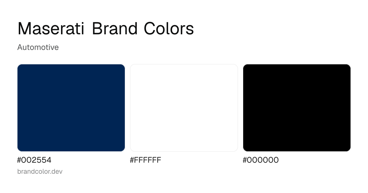 Maserati brand color palette with hex codes: #002554, #FFFFFF, #000000