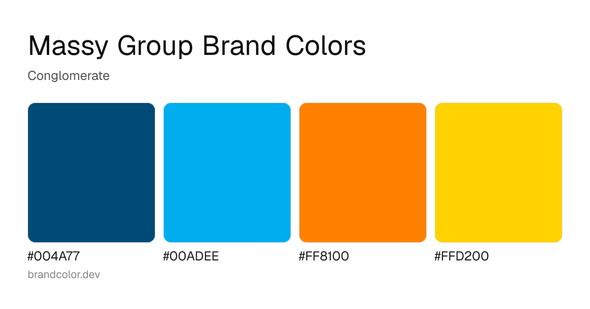 Massy Group brand color palette with hex codes: #004A77, #00ADEE, #FF8100, #FFD200