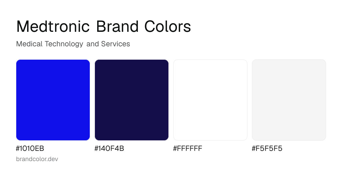 Medtronic brand color palette with hex codes: #1010EB, #140F4B, #FFFFFF, #F5F5F5
