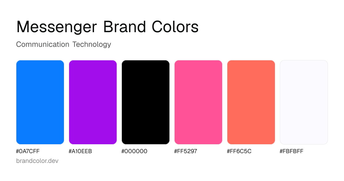 Messenger brand color palette with hex codes: #0A7CFF, #A10EEB, #000000, #FF5297, #FF6C5C, #FBFBFF
