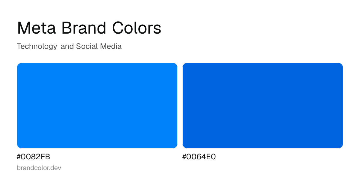 Meta brand color palette with hex codes: #0082FB, #0064E0