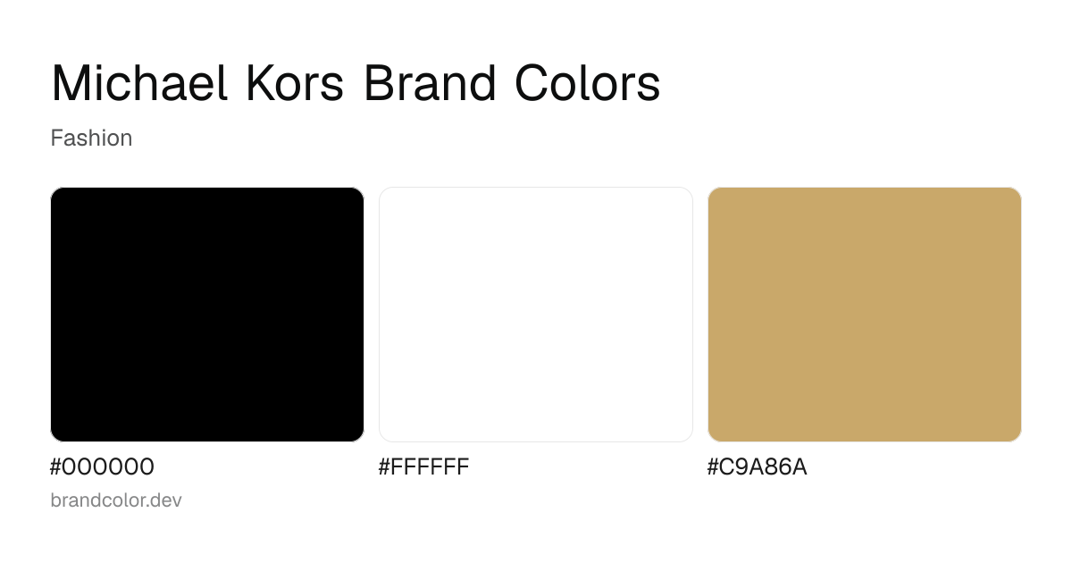 Michael Kors brand color palette with hex codes: #000000, #FFFFFF, #C9A86A