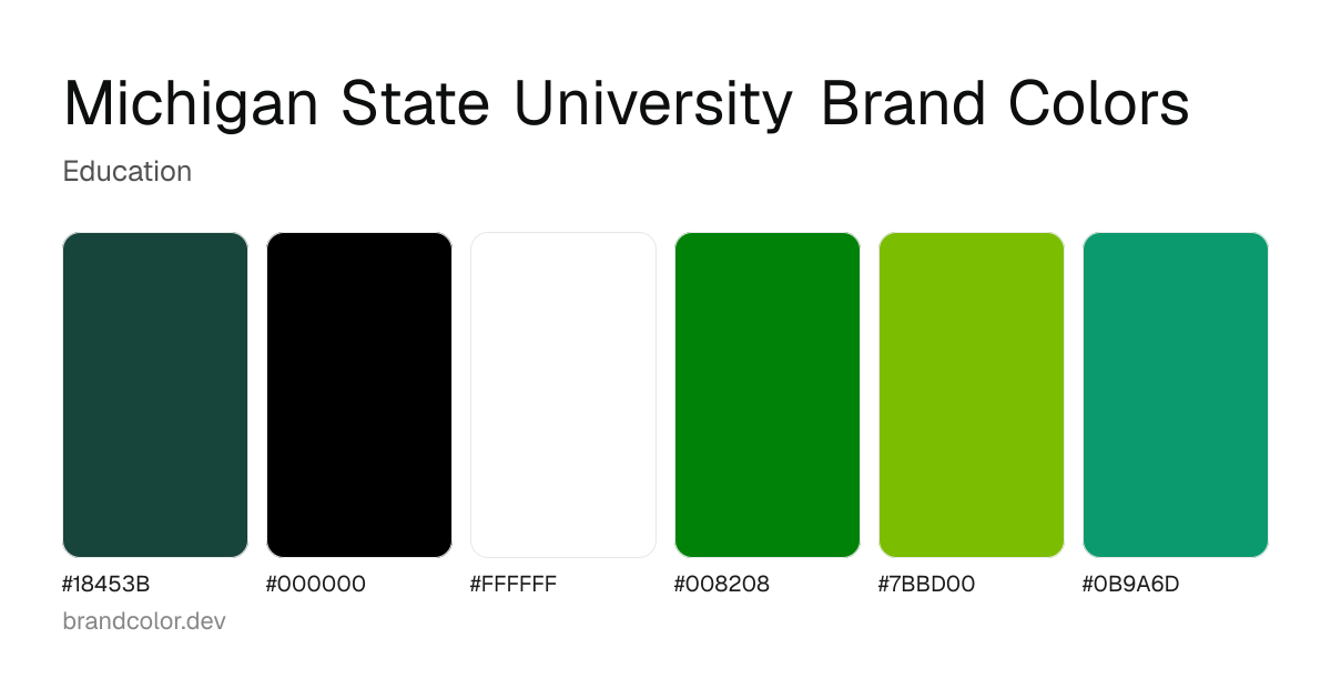 Michigan State University brand color palette with hex codes: #18453B, #000000, #FFFFFF, #008208, #7BBD00, #0B9A6D