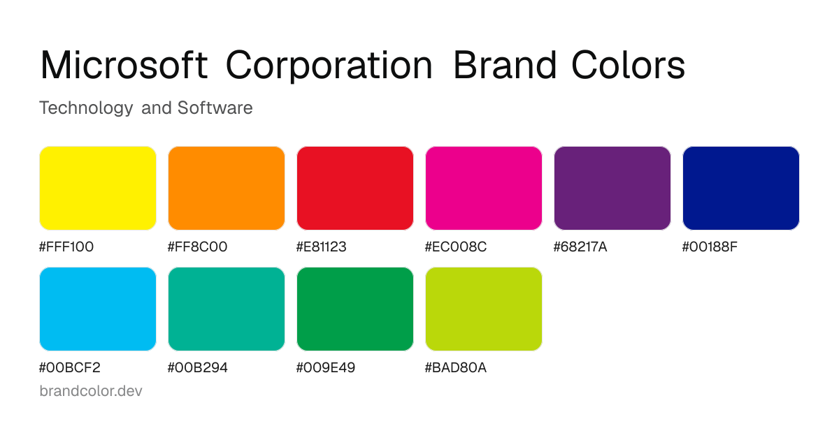 Microsoft Corporation brand color palette with hex codes: #FFF100, #FF8C00, #E81123, #EC008C, #68217A, #00188F, #00BCF2, #00B294, #009E49, #BAD80A