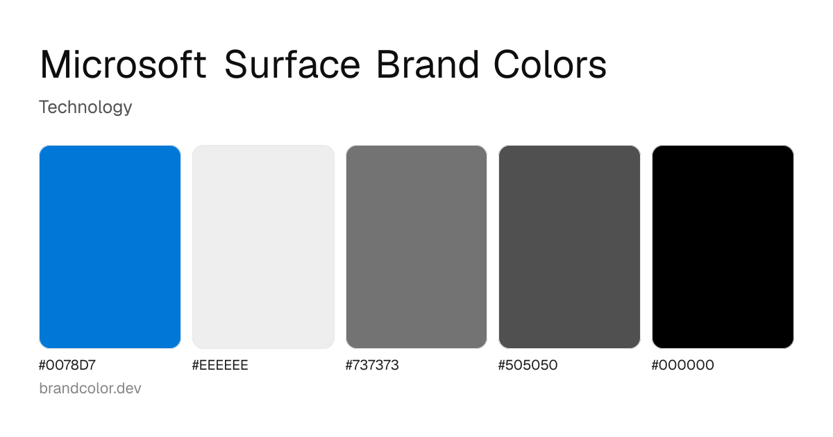 Microsoft Surface brand color palette with hex codes: #0078D7, #EEEEEE, #737373, #505050, #000000