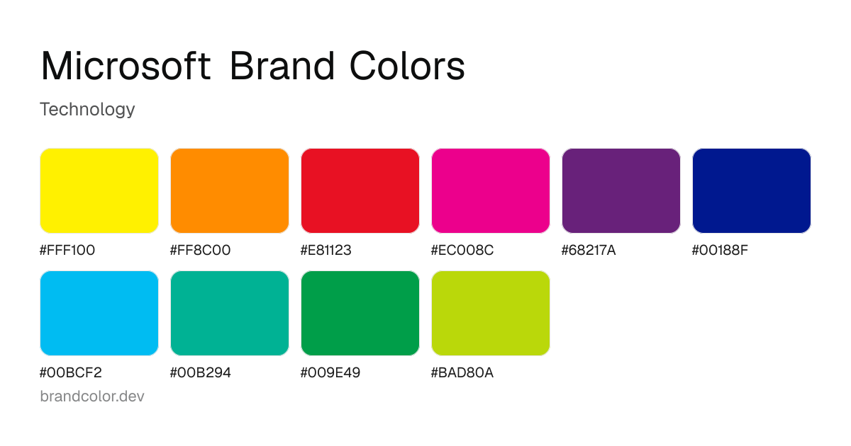 Microsoft brand color palette with hex codes: #FFF100, #FF8C00, #E81123, #EC008C, #68217A, #00188F, #00BCF2, #00B294, #009E49, #BAD80A