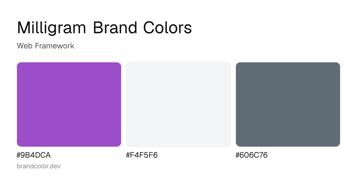 Milligram brand color palette with hex codes: #9B4DCA, #F4F5F6, #606C76
