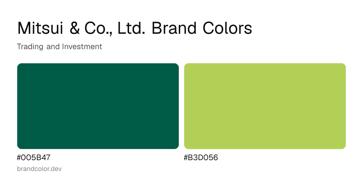 Mitsui & Co., Ltd. brand color palette with hex codes: #005B47, #B3D056