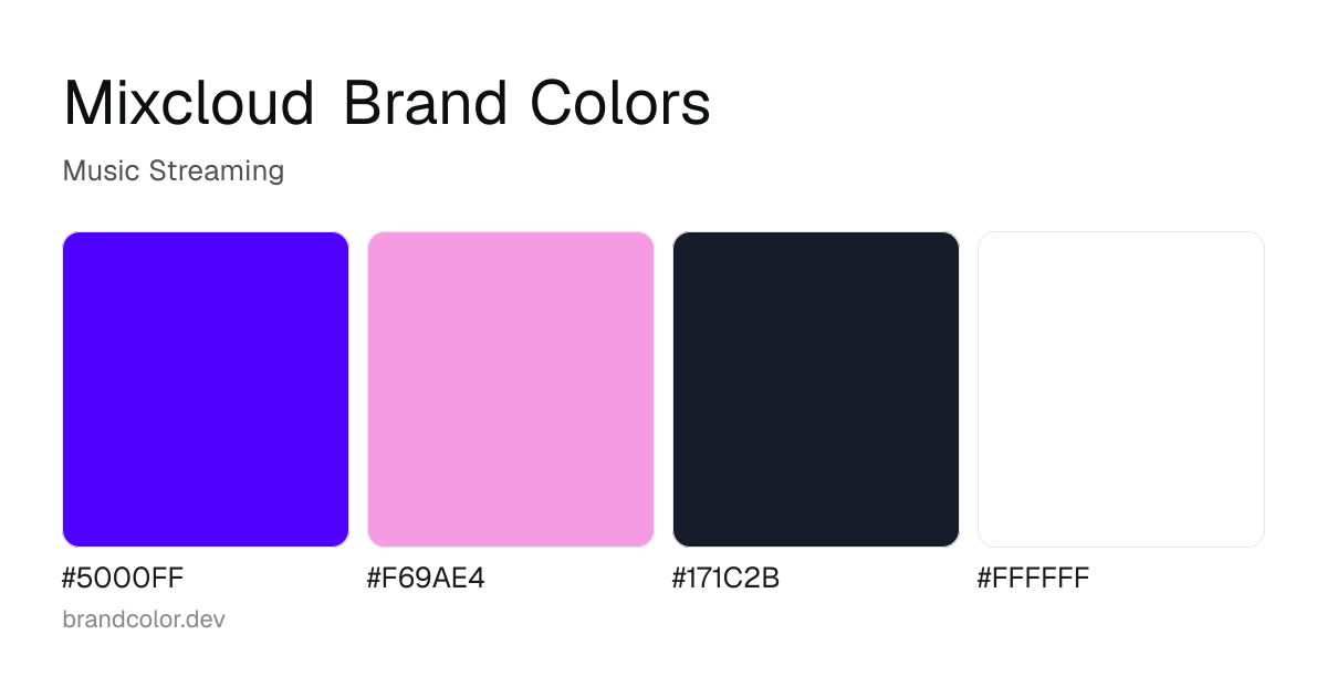 Mixcloud brand color palette with hex codes: #5000FF, #F69AE4, #171C2B, #FFFFFF