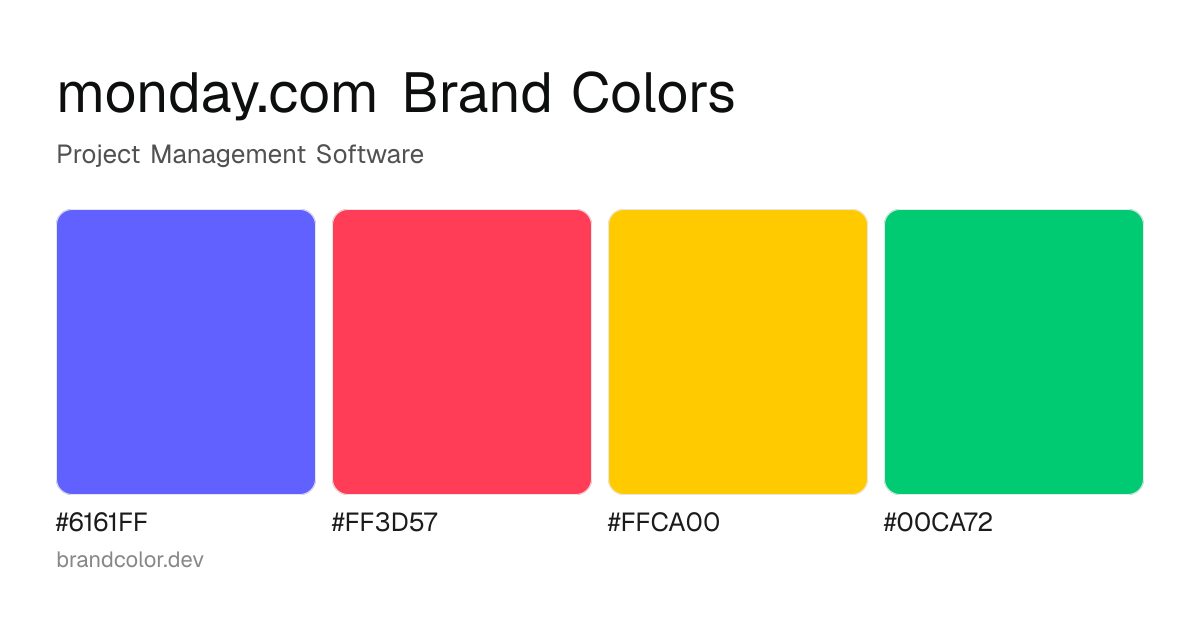 monday.com brand color palette with hex codes: #6161FF, #FF3D57, #FFCA00, #00CA72