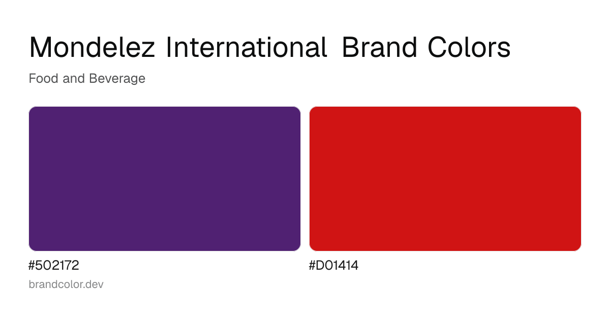 Mondelez International brand color palette with hex codes: #502172, #D01414