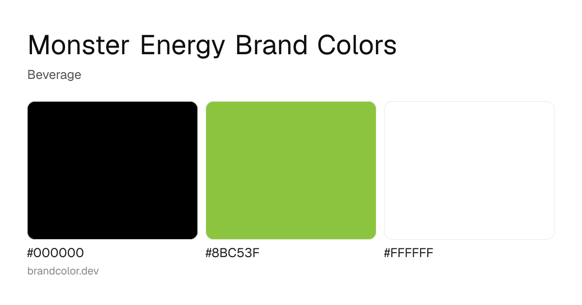 Monster Energy brand color palette with hex codes: #000000, #8BC53F, #FFFFFF