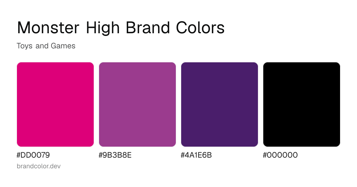 Monster High brand color palette with hex codes: #DD0079, #9B3B8E, #4A1E6B, #000000