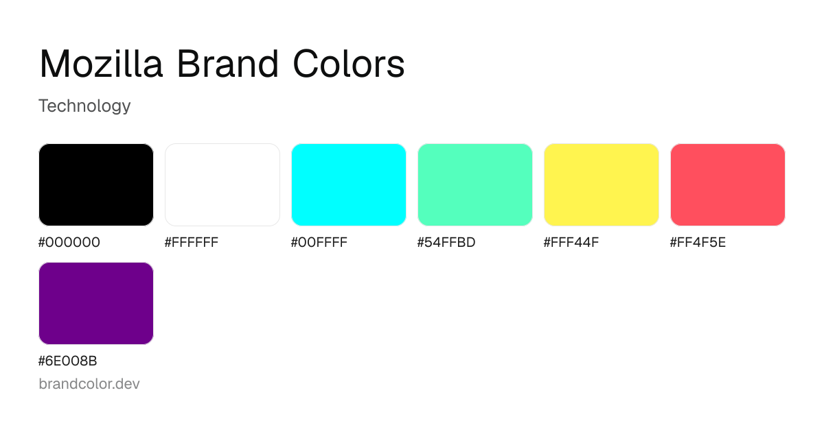 Mozilla brand color palette with hex codes: #000000, #FFFFFF, #00FFFF, #54FFBD, #FFF44F, #FF4F5E, #6E008B