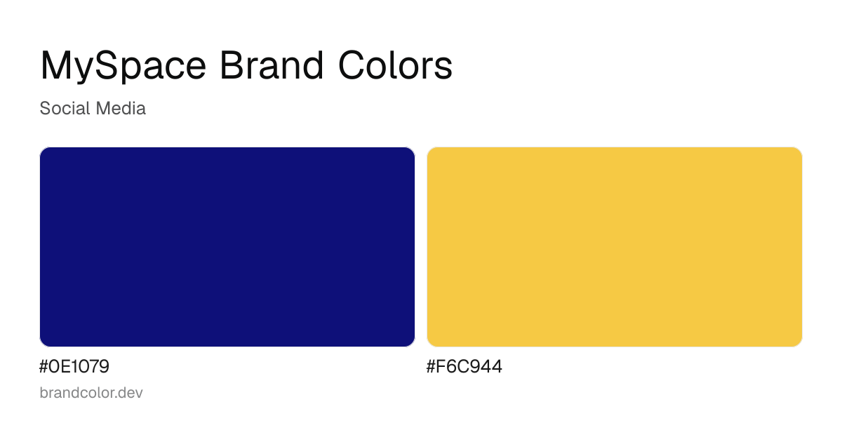 MySpace brand color palette with hex codes: #0E1079, #F6C944