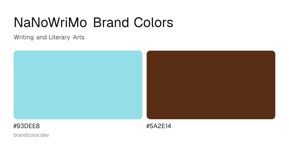 NaNoWriMo brand color palette with hex codes: #93DEE8, #5A2E14