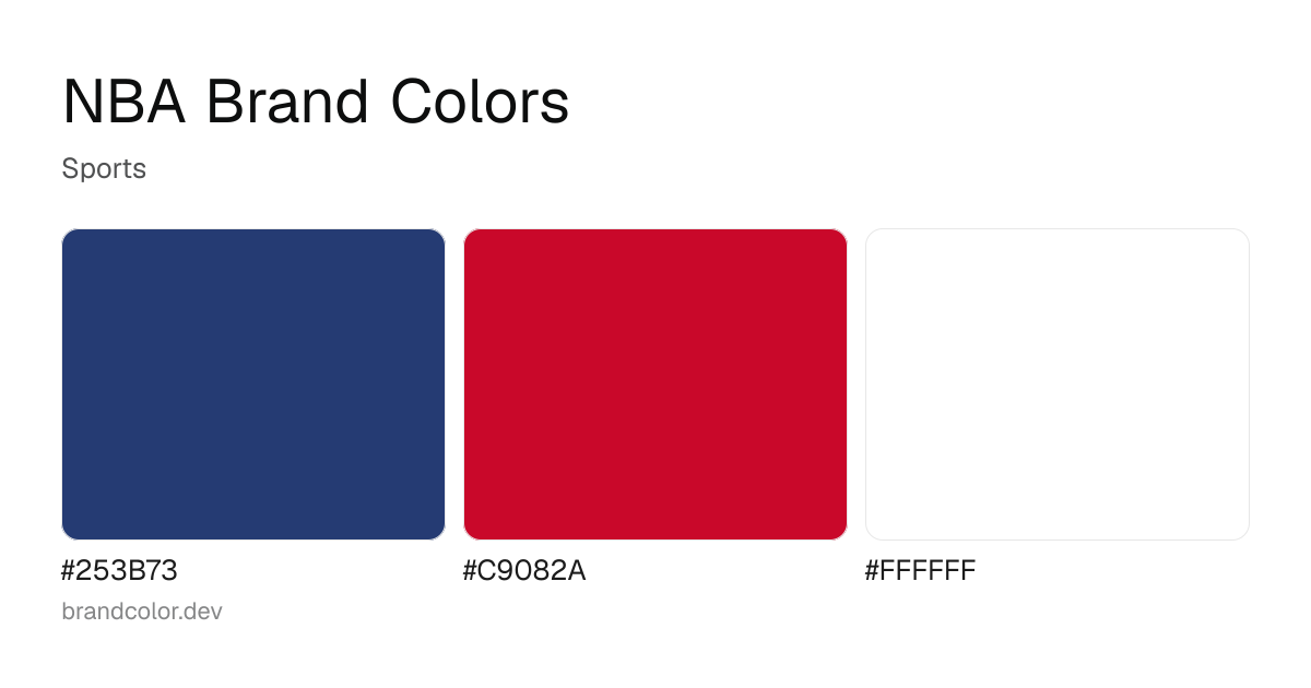 NBA brand color palette with hex codes: #253B73, #C9082A, #FFFFFF