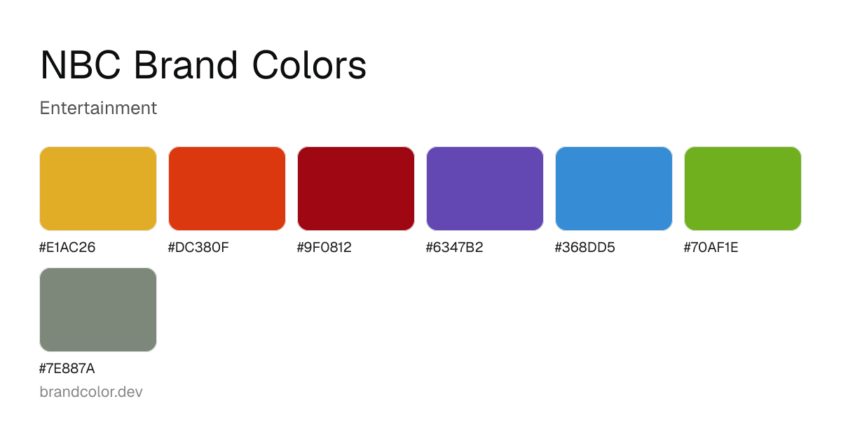 NBC brand color palette with hex codes: #E1AC26, #DC380F, #9F0812, #6347B2, #368DD5, #70AF1E, #7E887A