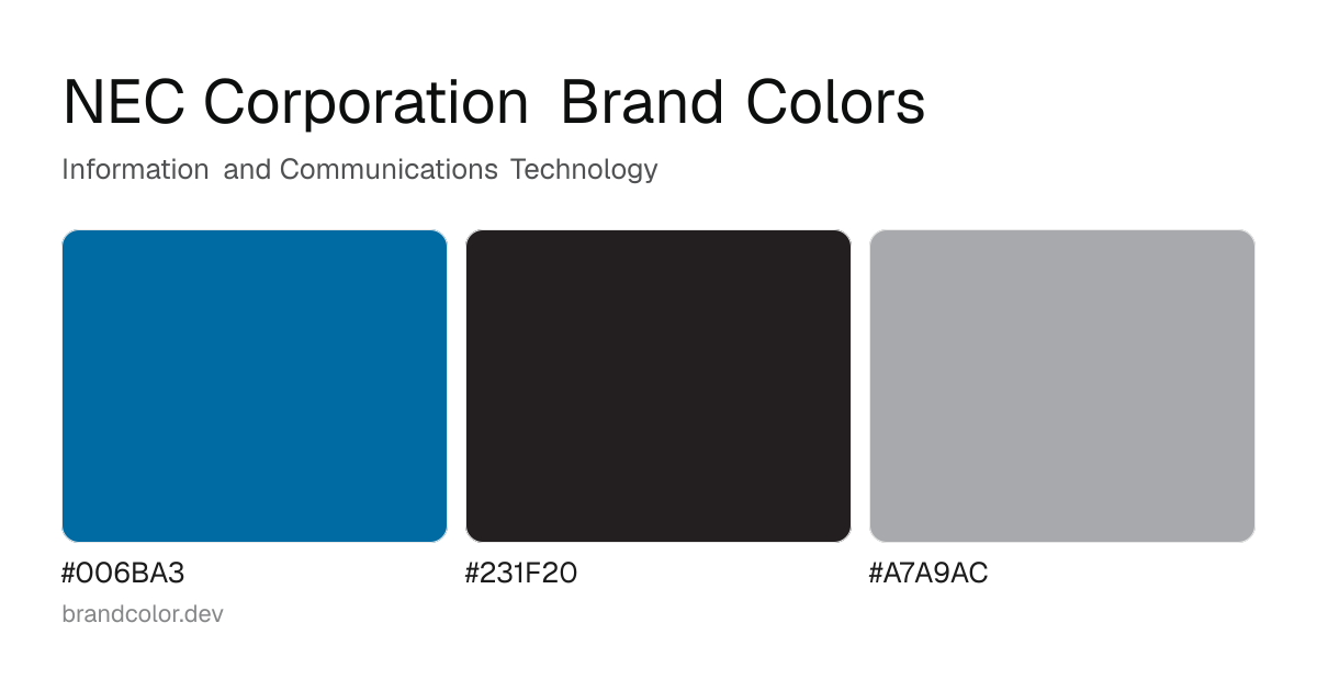 NEC Corporation brand color palette with hex codes: #006BA3, #231F20, #A7A9AC