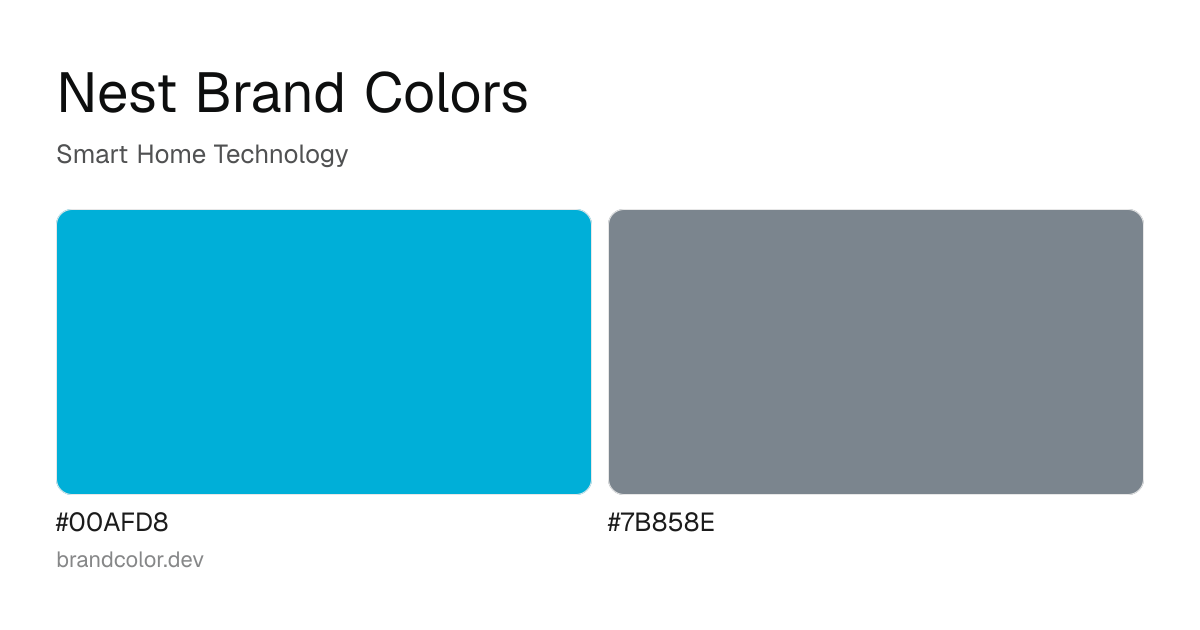 Nest brand color palette with hex codes: #00AFD8, #7B858E