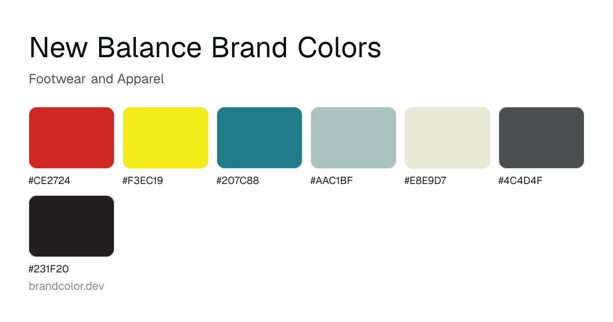 New Balance brand color palette with hex codes: #CE2724, #F3EC19, #207C88, #AAC1BF, #E8E9D7, #4C4D4F, #231F20