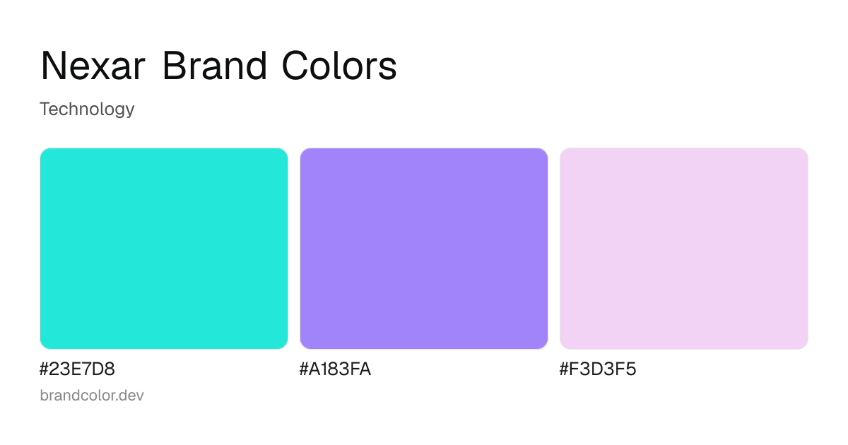 Nexar brand color palette with hex codes: #23E7D8, #A183FA, #F3D3F5