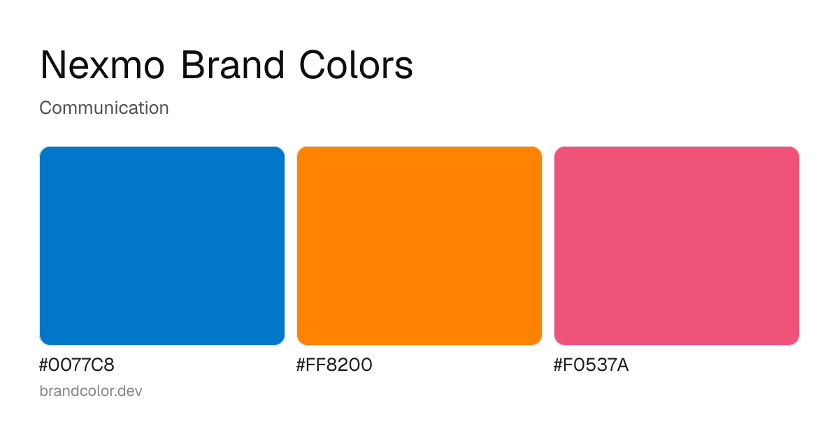 Nexmo brand color palette with hex codes: #0077C8, #FF8200, #F0537A