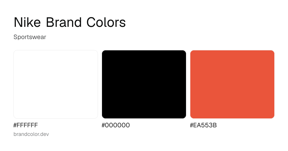 Nike brand color palette with hex codes: #FFFFFF, #000000, #EA553B
