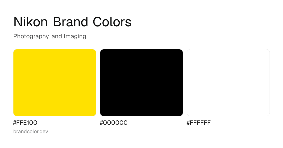 Nikon brand color palette with hex codes: #FFE100, #000000, #FFFFFF