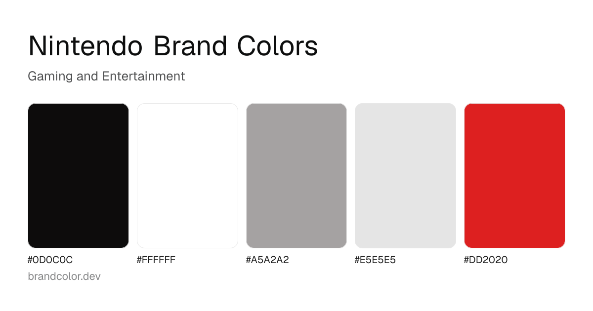 Nintendo brand color palette with hex codes: #0D0C0C, #FFFFFF, #A5A2A2, #E5E5E5, #DD2020