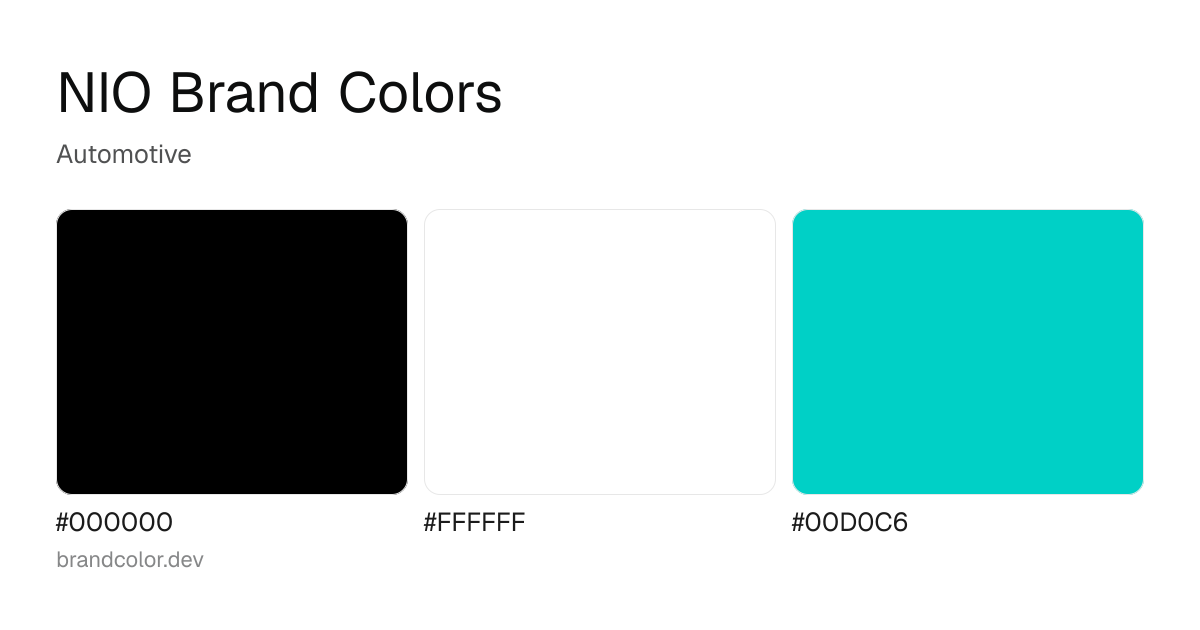 NIO brand color palette with hex codes: #000000, #FFFFFF, #00D0C6