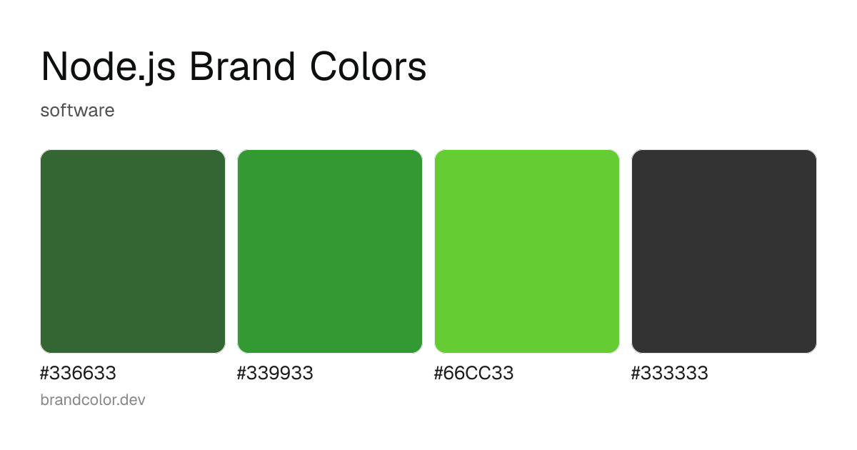 Node.js brand color palette with hex codes: #336633, #339933, #66CC33, #333333