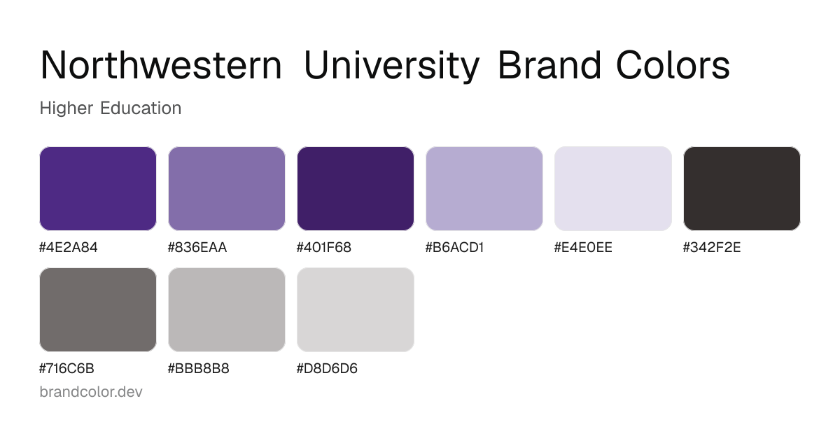 Northwestern University brand color palette with hex codes: #4E2A84, #836EAA, #401F68, #B6ACD1, #E4E0EE, #342F2E, #716C6B, #BBB8B8, #D8D6D6