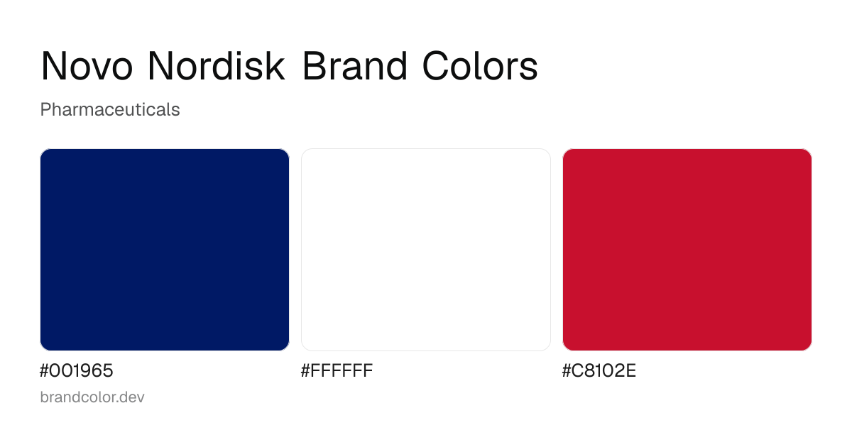 Novo Nordisk brand color palette with hex codes: #001965, #FFFFFF, #C8102E