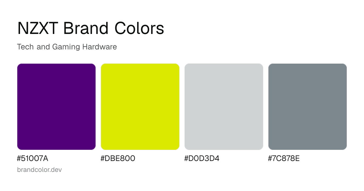NZXT brand color palette with hex codes: #51007A, #DBE800, #D0D3D4, #7C878E