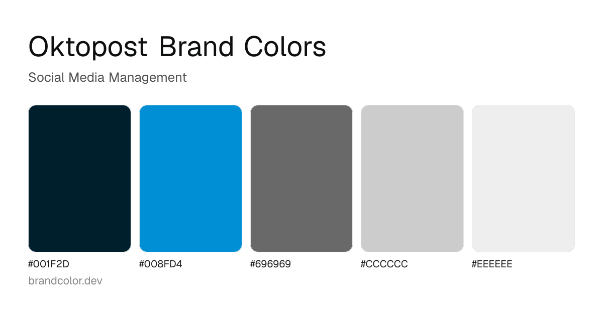 Oktopost brand color palette with hex codes: #001F2D, #008FD4, #696969, #CCCCCC, #EEEEEE