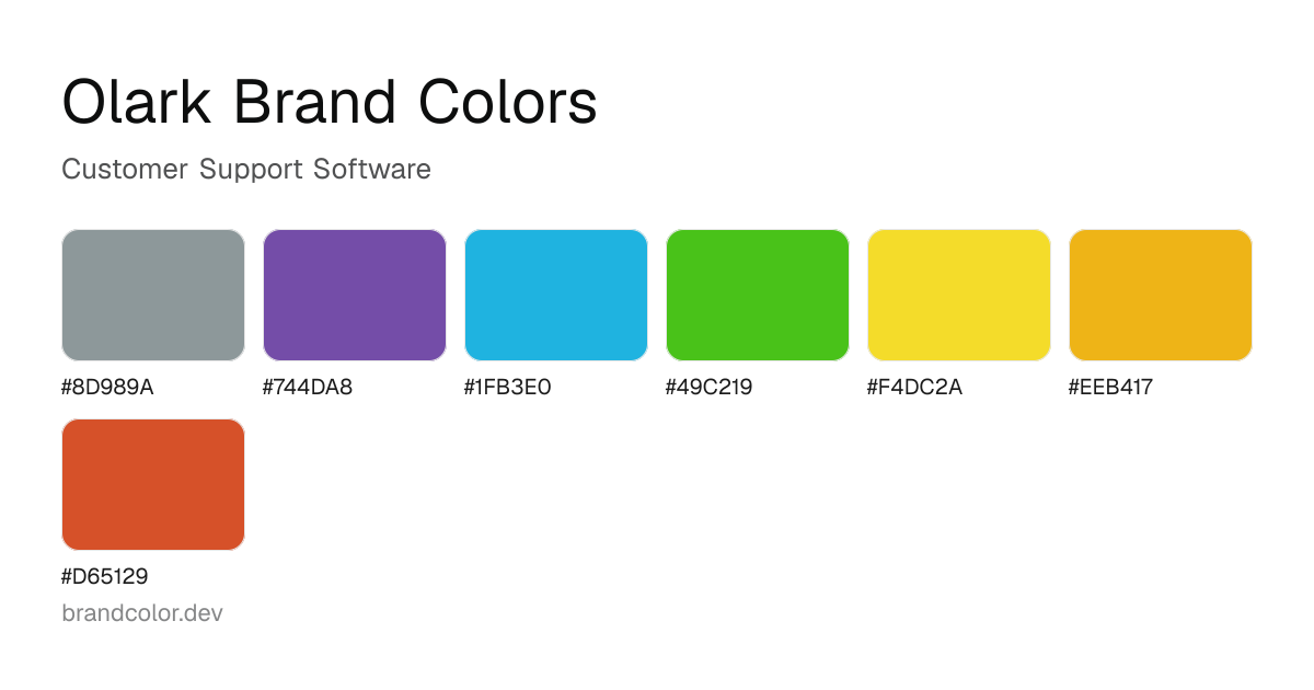 Olark brand color palette with hex codes: #8D989A, #744DA8, #1FB3E0, #49C219, #F4DC2A, #EEB417, #D65129