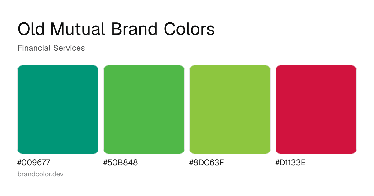 Old Mutual brand color palette with hex codes: #009677, #50B848, #8DC63F, #D1133E
