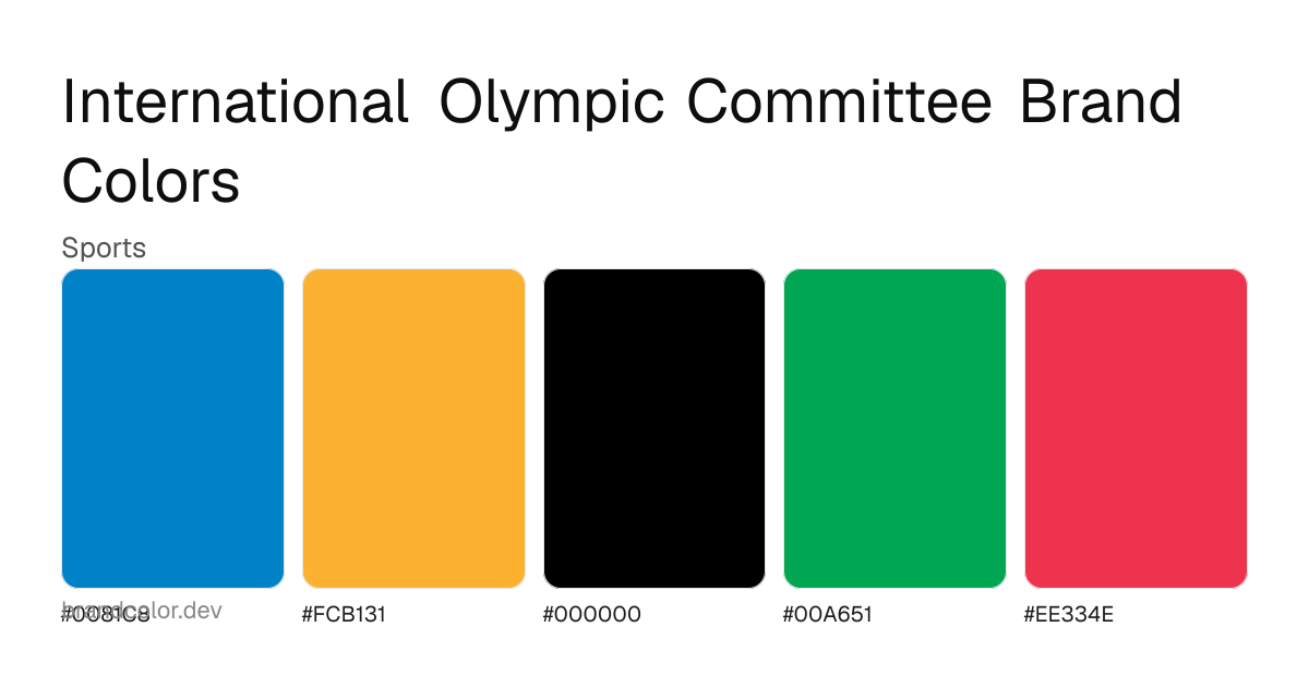 International Olympic Committee brand color palette with hex codes: #0081C8, #FCB131, #000000, #00A651, #EE334E