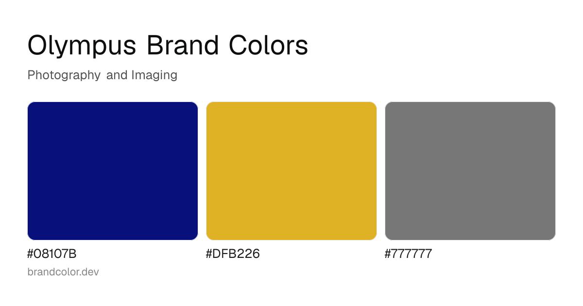 Olympus brand color palette with hex codes: #08107B, #DFB226, #777777