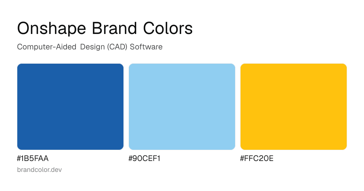 Onshape brand color palette with hex codes: #1B5FAA, #90CEF1, #FFC20E