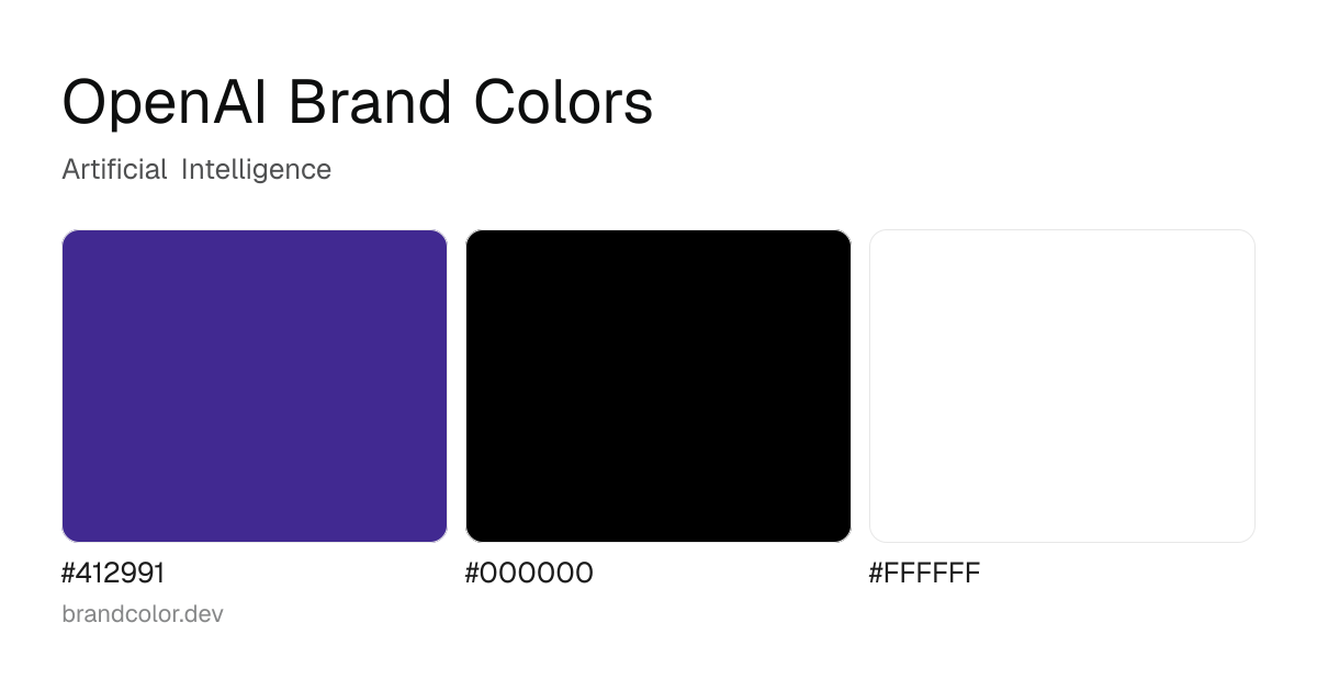 OpenAI brand color palette with hex codes: #412991, #000000, #FFFFFF