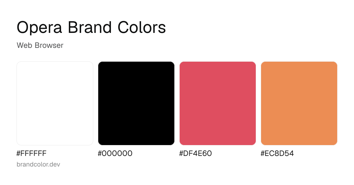Opera brand color palette with hex codes: #FFFFFF, #000000, #DF4E60, #EC8D54