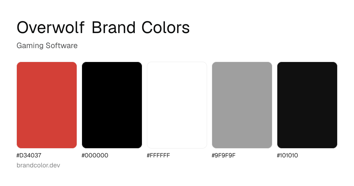 Overwolf brand color palette with hex codes: #D34037, #000000, #FFFFFF, #9F9F9F, #101010