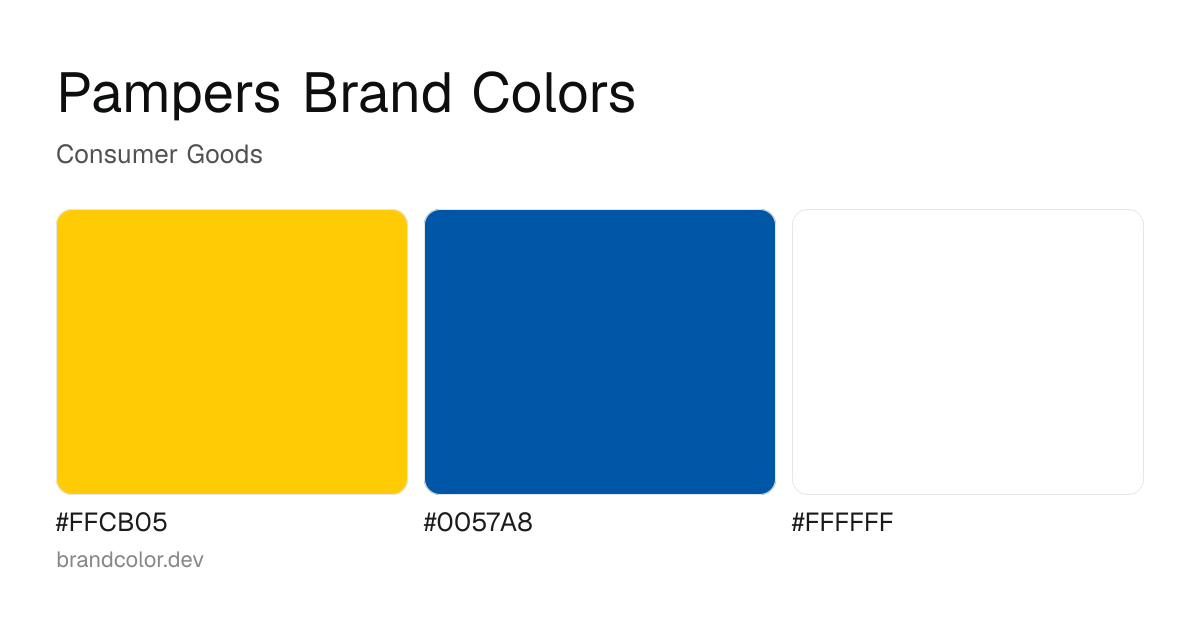 Pampers brand color palette with hex codes: #FFCB05, #0057A8, #FFFFFF