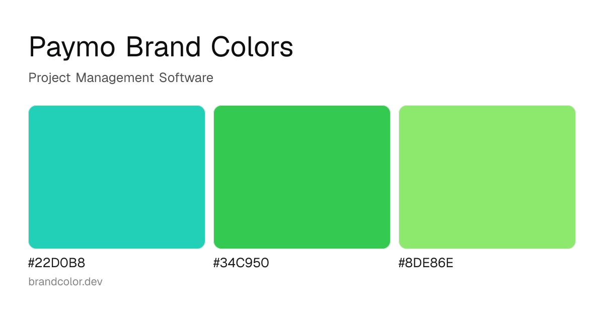 Paymo brand color palette with hex codes: #22D0B8, #34C950, #8DE86E